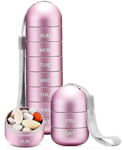 Pillendose aus Metall, für Reisen, Wandern, 7 Tage, wasserdicht, großes Fach für Pillen, Vitamine, Tabletten, Kapseln (Rosa)
