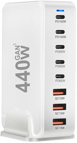440W USB C Charger, GaN Fast Charger, 8 Ports, PD 100W PD 65W, Compatible with MacBook Pro/Air, Microsoft Surface, Dell HP Asus Lenovo Laptop, Apple iPhone, iPad Pro, Samsung Galaxy