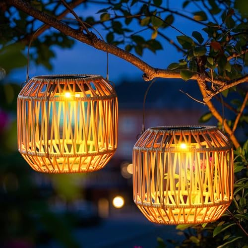 Solarlaterne für Außen Garten, Solarlampen für Außen Hängend Wetterfest Solar Rattan Laterne Solarleuchten mit LED Glühbirne Solarleuchten für Außen Stehend Gartenleuchten für Terrasse Balkon (B)