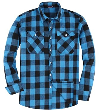 JupiterSecret Chemise en flanelle pour homme, à manches longues, à carreaux, coupe regular fit avec col boutonné et poche de poitrine, bleu clair, 3XL