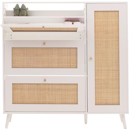 Mendler Rattan-Schuhkipper HWC-M37, Schuhregal Schuhschrank, 3 Kippfächer 2 Regalböden 127x120x24cm Holz Melamin - weiß