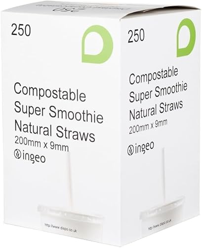 200mm x 9mm Compostable Super Smoothie Straws – Natural Eco-Friendly Biodegradable Jumbo Straws for Thick Drinks – 250/500/750/1000 Pack – Strong & Sustainable – Plastic-Free (250)