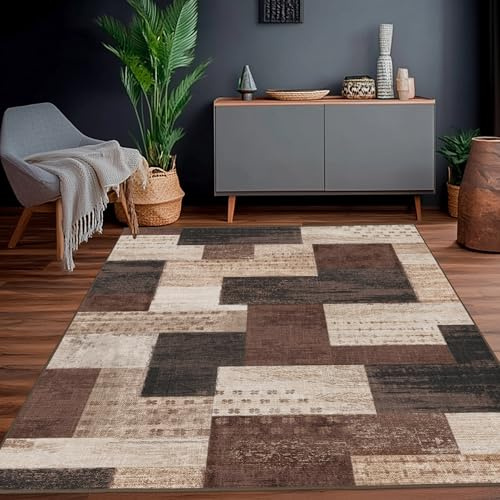 Calinline Tappeto moderno geometrico patchwork per interni e soggiorno, cioccolato, 140 x 200 cm, grandi tappeti, collezione Rockwood, decorazione per camera da letto, marrone, morbido, pelo corto