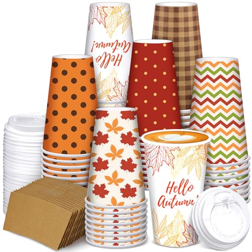 Sosation 90 Pieces/30 Sets Hello Autumn Paper Coffee Cups Disposable Fall Cups with Lids and Sleeves Maple Leaves Beverage Paper Tumbler for Hot Cold Drinks Autumn Thanksgiving Party (12 oz)
