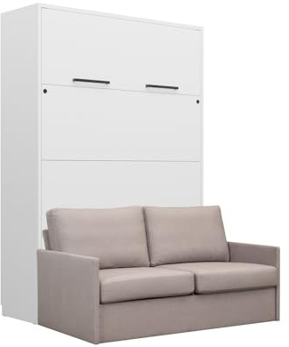 QMM Schrankbett Wandbett vertikal GN 140x200 weiß mit LED und Sofa (Hellgrau - Emma 04)