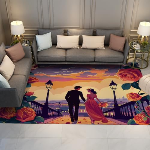 OLLIAR Home Schicke romantische Illustration Matte Paar geht auf Brücke Liebe ästhetische Dekor Teppiche Bunter waschbarer niederfloriger Teppich für Wohnzimmer 150x210cm
