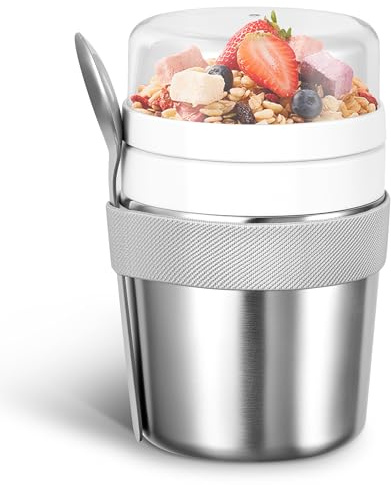 Leseed Porta Yogurt Termico in Acciaio Inox Portatile con cucchiaio, 720ml | Tazza Muesli To Go con Cucchiaio, Senza BPA, Lavastoviglie, Contenitore Yogurt da Asporto
