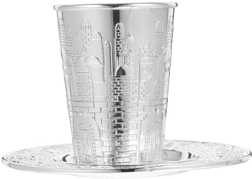SHINEOFI Zinklegierung Kiddusch Silber Satz Weinbecher, Untertasse | 1 Satz, Fein Graviertes Design, für Pessach und Feiertage, Judaica mit Traditionellem Symbol