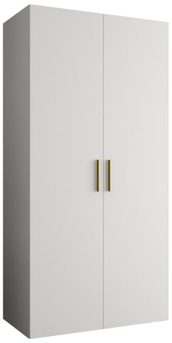 MEBLE KRYSPOL - Kleiderschrank - Garderobenschrank - 100 cm x 202 x 52 cm - Schrank mit Kleiderstange, 2 Türen - für Schlafzimmer, Flur - BARI, Weiß, Griff Gold