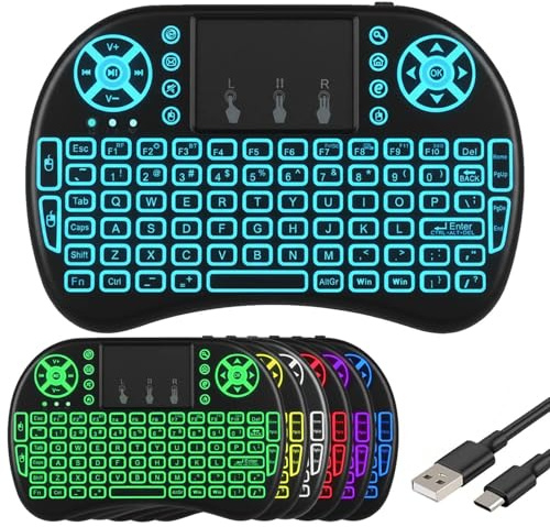 Mini Wireless Keyboard with Touchpad & 7 Colors Backlit, 2.4GHz Bluetooth Multi-media Keyboard Rechargeable Portable Keyboards with USB Receiver for PC Smart TV Box Laptop Android HTPC Remote Control