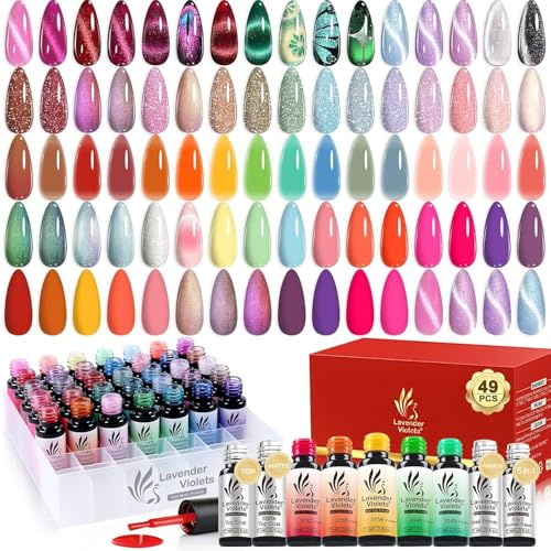 49 Pcs Gel Nail Polish Set Mixed Effect, 9D Cat Eye Holographic Glitter, Candy Colors, Milky White Nude Pink Jelly with Nail Primer, Builder Base, Glossy & Matte Top Coat, Soak Off 901