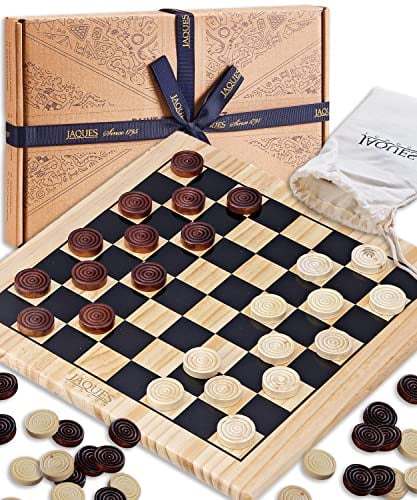 Draughts Board Game by Jaques of London | Traditional 12 “ Draughts board with Deluxe Checkers Pieces | Wooden Draughts Board Games for Adults and Kids | Since 1795