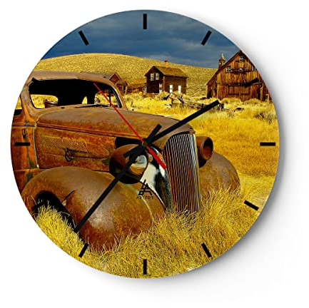 Modern Wanduhr Bauernhof altes Auto aufgegeben 30x30cm Rund Klein Wand Uhr Glas Analog Zimmeruhren Küche Büro Wohnzimmer Glasuhr Wall Clock Dekoration Design Wanddekoration Küchenuhr C3AR30x30-1289