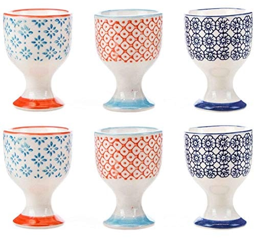 Nicola Spring Argon Tableware Hand Printed Egg Cups - Pack of 6 - Multicolour Assorted Set Porcelain Breakfast Brunch Easy Clean Hard Soft Boiled Eggs Dipping Holder Stand for Breakfast, Brunch