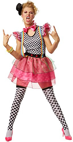 dressforfun Frauenkostüm Neon Clown | Schrill-buntes Einteiler Kleid | inkl. Hütchen mit Haarklammer zum Befestigen, Kniestrümpfe und Fliege (L | no. 301679)