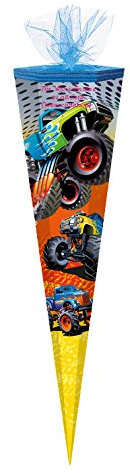 Schultüte mit pinkgefärbter Gravur / Zuckertüte / 85cm / eckig / Monster Truck