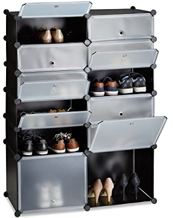 Relaxdays Schuhregal Kunststoff, Regalsystem, 12 Fächer, XXL Steckregal, mit Türen, H x B x T: 125 x 94 x 37 cm, schwarz