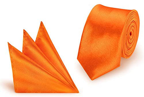 StickandShine Krawatte + Einstecktuch Orange slim aus Polyester einfarbig uni schmale 5 cm