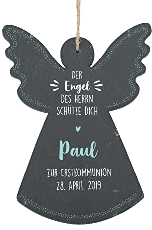 Striefchen® Schutzengel aus Schiefer mit Namensaufdruck zu Geburt - der Engel des Herrn schütze Dich Blau