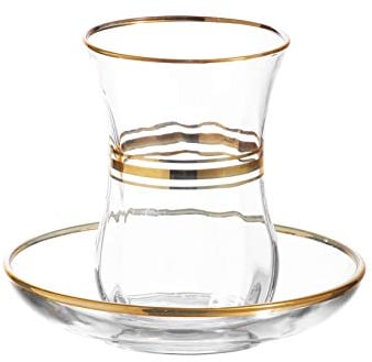 Lav Turkish Tea Cups and Saucers Set - 12-Piece Authentic Tea Glasses Set With Gold Rim for Tea Time