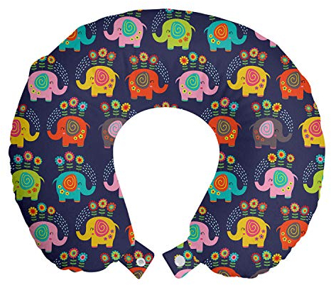 ABAKUHAUS Elefanten Reisekissen Nackenstütze, Floral Hippie Tiere, Schaumstoff Reiseartikel für Flugzeug und Auto, 30x30 cm, Indigo und Multicolor