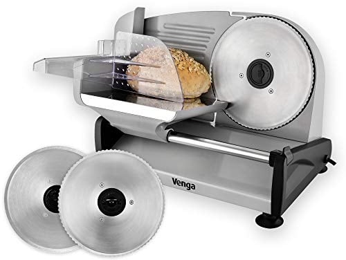Venga! VG AS 3005 Cortafiambres eléctrico, 1 hoja dentada para el pan, 1 hoja lisa para la charcutería y las verduras, ajuste de precisión del grosor de 0 a 15 mm, carro extraíble y empujador, 200W