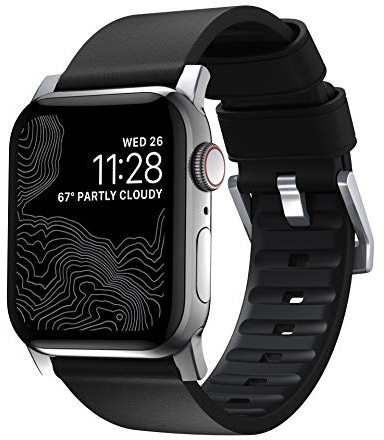 NOMAD Active Leather Band Pro I für AppleWatch 42/44/45mm I Black Titan-Connector Silver