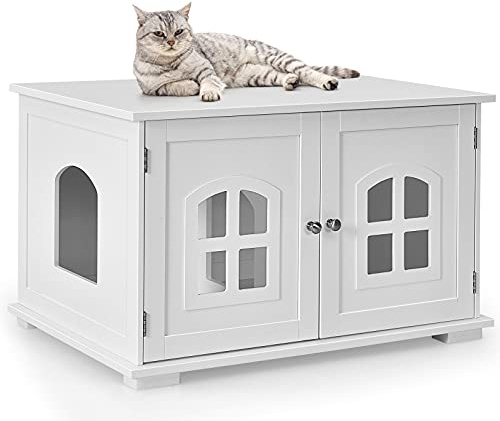 COSTWAY Casetta per Gatti Decorativa con Doppie Porte e Finestre (Bianco) | Cuccia per Gatti, Casetta Decorativa Ventilata per Domestici, 81 x 53 x 49 cm