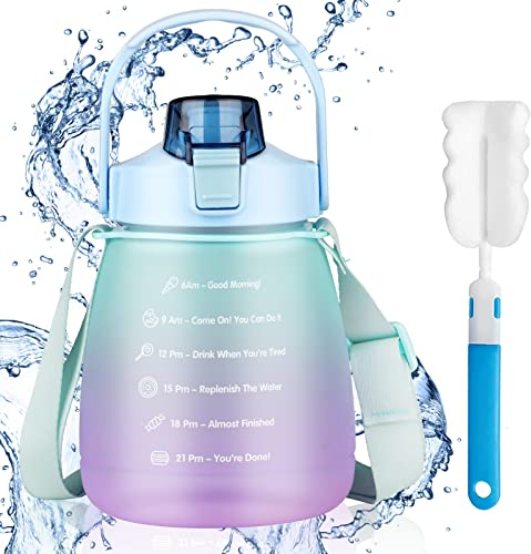 Sakiida 1L Water Bottle with Straw, Sports Drinks Bottle with Time Markings BPA Free Leak Proof, Flip Cap, Portable, Locked (Orchid purple)
