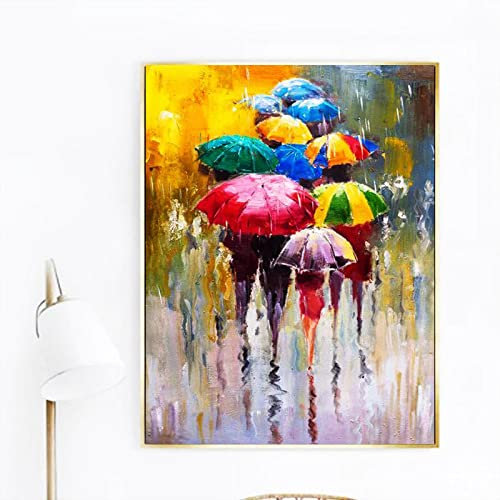 Menschen, die Regenschirme im Regen halten, Landschaftsmalerei, gedruckte Leinwand, modernes gemaltes Poster, abstrakte Kunst, Bilddekoration, 80 x 130 cm (32 x 51 Zoll) mit Rahmen