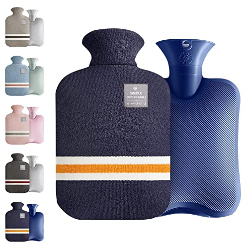 Large Hot Water Bottle with Knitted Cover, 2L Large Capacity Hot Water Bag with Removable and Washable Soft Cover for Pain Relief, Neck and Shoulders, Great Gift for Women, Men, Kids (2L-Navy Blue)