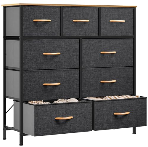 YITAHOME kommode mit Schubladen, Schrank mit 9 Schubladen aus Stoff, Aufbewahrungskommode Industrial Stil für Schlafzimmer, Wohnzimmer,Flur, Aufbewahrungsschrank, kühlgrau