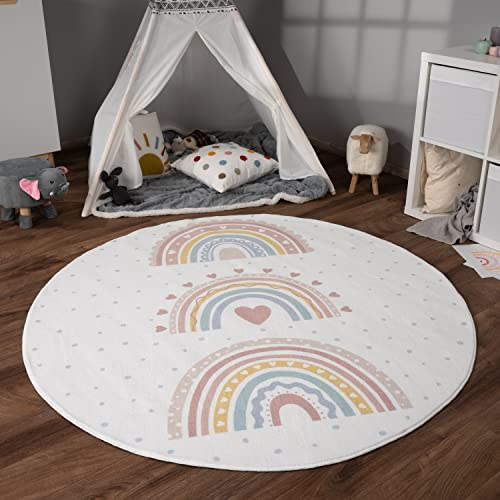 Paco Home Tapis Chambre Enfant Bebe Fille Garcon Antidérapant Arc-en-Ciel Coeur Pois, Dimension:120 cm Rond, Couleur:Rose 2