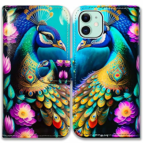 Bcov iPhone 12 Case,iPhone 12 Pro Case,Colorful Peacock Mandala Flowers Leather Flip Phone Case Wallet Cover with Card Slot Holder Kickstand for iPhone 12/iPhone 12 Pro