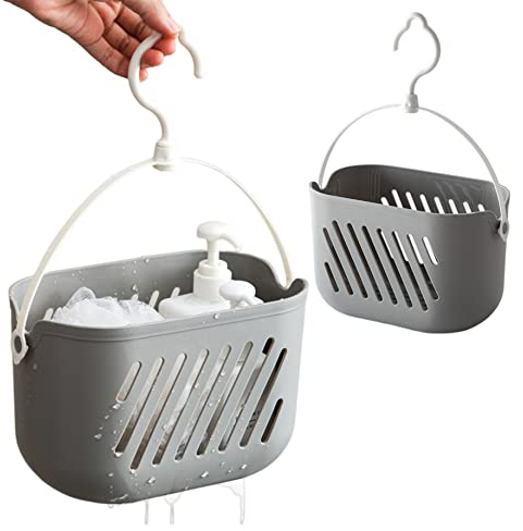 Obelunrp Cestini per doccia sospesi, 2% di archiviazione in plastica per doccia con gancio, cesto per il bagno, organizzatore di cucina portatile per uso domestico (grigio)