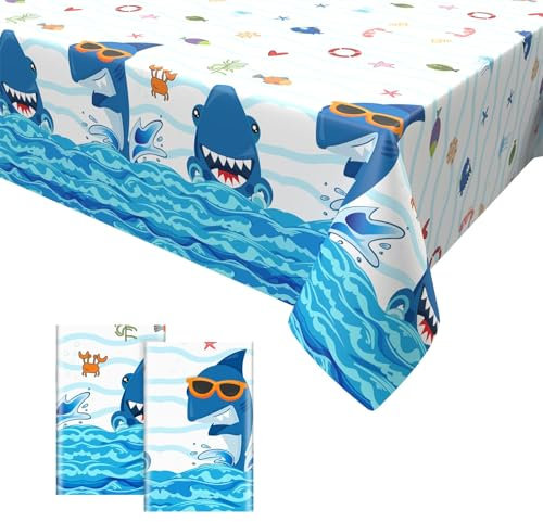 2PCS Unter dem Meer Tischdecken,Ozean Tiere Hai Party Tischtuch Plastik Wasserdicht Einweg Tischdecke für Ozean Geburtstag Jubiläum Party Supplies 137 x 274cm