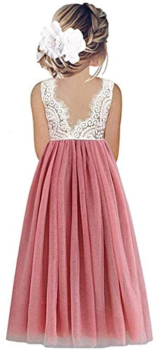 Beganly Mädchen Lange Festtagskleider Lieblich ärmellos V-Rücken Kleid Spitze Maxi Tüll A-Linie Prinzessin Partykleid Blumenmädchen Kleider Staubige Rose 7-8 Jahre (Dusty Pink 140)