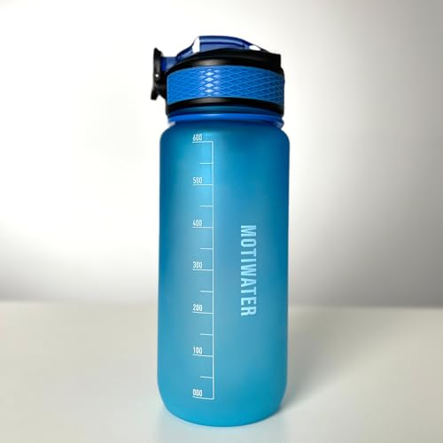 Trinkflasche 0.6L, deutsch, Motivation, Spühlmaschinen geeignet, Wasserflasche Auslaufsicher, Kohlensäure Geeignet, BPA Frei, Sportflasche mit Zeitmarkierung, Uhrzeit, für Schule, Sport (Blau)