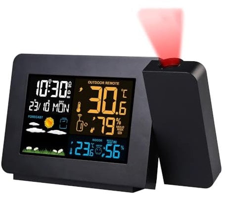 Projection Alarm Clock Outdoor Sensor, Weather Station, Bedroom Projector Dimmable Clock Dual Alarms LCD Display Date Time Temperature Humidity for Bedroom
