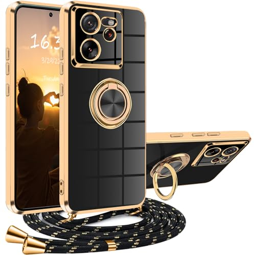 XCYYOO Hülle Xiaomi 13T/Xiaomi 13T Pro mit Band, Handyhülle Xiaomi 13T/Xiaomi 13T Pro mit Kette Kordel Ständer Kratzfest Silikon Handykette Stoßfeste Schutzhülle für Xiaomi 13T/Xiaomi 13T Pro, Schwarz