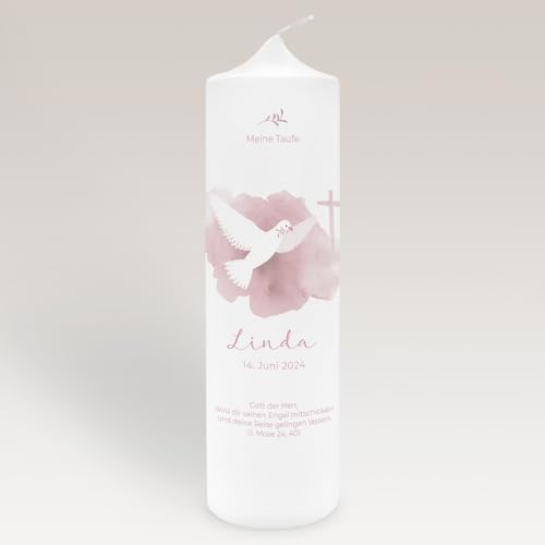 Taufkerze Taube Aquarell mit Namen & Taufspruch online selbstgestalten (rosa)