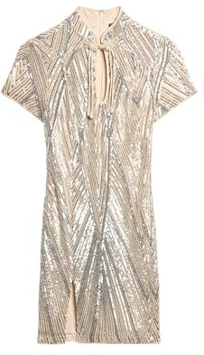 Superdry Damen Minikleid mit Pailletten und Mandarinkragen Silberfarbene Pailletten Im Art-Déco-Stil 40