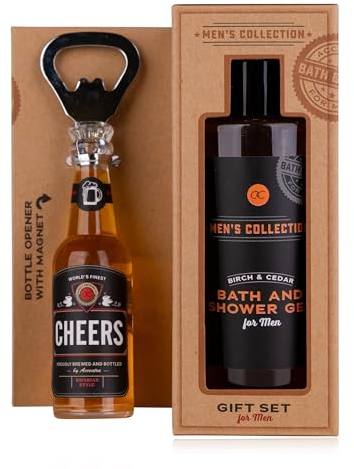 Accentra Geschenkset MEN'S COLLECTION in Kraftpapier, inkl. 150ml Badegel und Duschgel, Flaschenöffner in Bierflaschenform, Duft: Birke & Zeder - braun