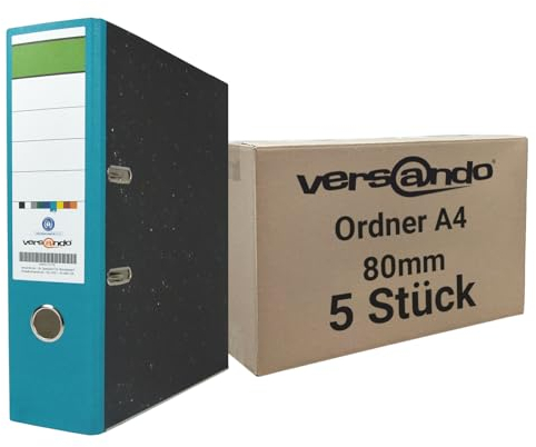versando 5x breiter Premium Ordner DIN A4 Rücken 8cm Aktenordner Ringordner - Blauer Engel zertifiziert - türkis