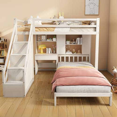 Lit superposé Enfant 90 x 200 avec Fonction Espace de Rangement,lit Double 90 x 200 Multifonction,lit Mezzanine 2 Places avec Bureau et étagères,pour Enfants 90 x 200