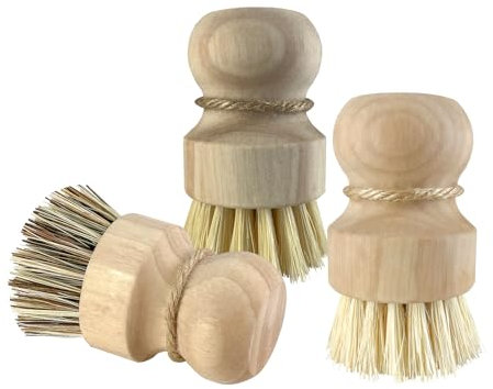 ABuYanOIn Set di 3 spazzole in legno per piatti da cucina (confezione da 3), manico in gomma naturale con impugnatura in legno ecologico, mini spazzola rotonda per la pulizia di piatti, padelle e