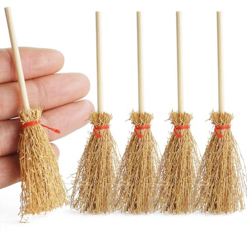 Odoria Dollhouse Straw Broom Miniature - 1/12 Scale Broomstick for Fairy Garden - Mini Witch Broom Decorative Craft - Tiny Besom Rustic for Halloween Thanksgiving Festival 5Pcs