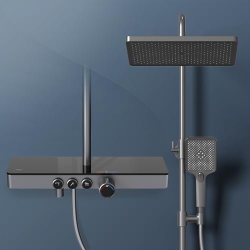 EMKE Colonne de Douche Thermostatique, Panneau Thermostatique de 45 cm, Douchette à Main 3 Jets, Douche de Pluie avec Mitigeur, Montage Mural,Anthracite Mat