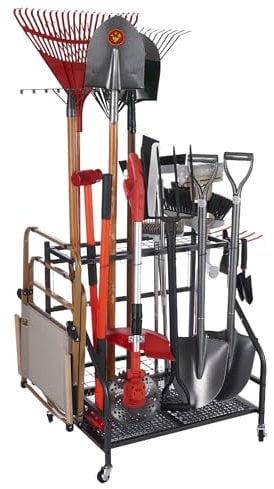 Organizer per attrezzi da giardino, scaffale per attrezzi da giardino, 58 scomparti per attrezzi con manico lungo con ganci, organizer per garage con ruote per capannone, esterno, prato, capannone,