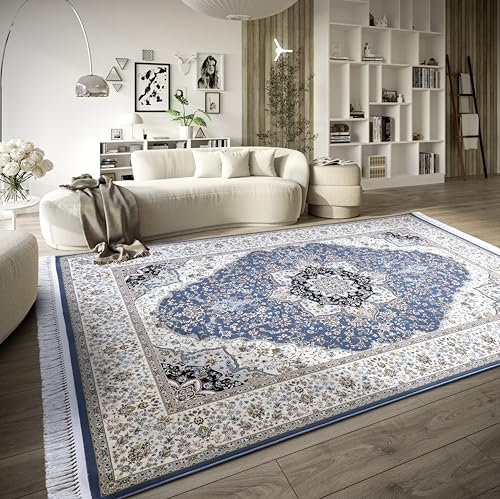 Villeroy & Boch Kurzflor Teppich Etienne - Orientalischer Wohnzimmerteppich - Dicht gewebt mit Fransen - Klassischer Teppich für Wohnzimmer, Schlafzimmer, Esszimmer, Flur– Hellblau Creme, 155x235cm